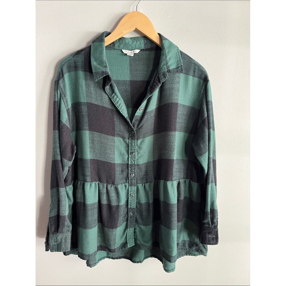 American Eagle Green Black Buffalo Plaid Babydoll Flannel Top S